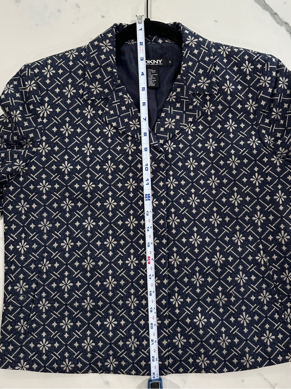 DKNY Vintage Navy White Silk Cotton Geometric Cropped Blazer 8 - Picture 12 of 14